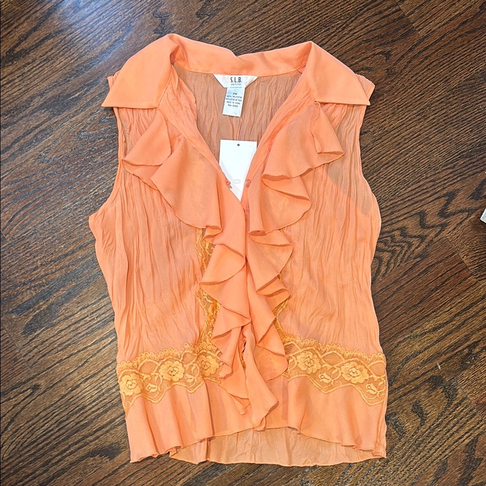 Orange Sleeveless Ruffled Blouse with Notched Collar
